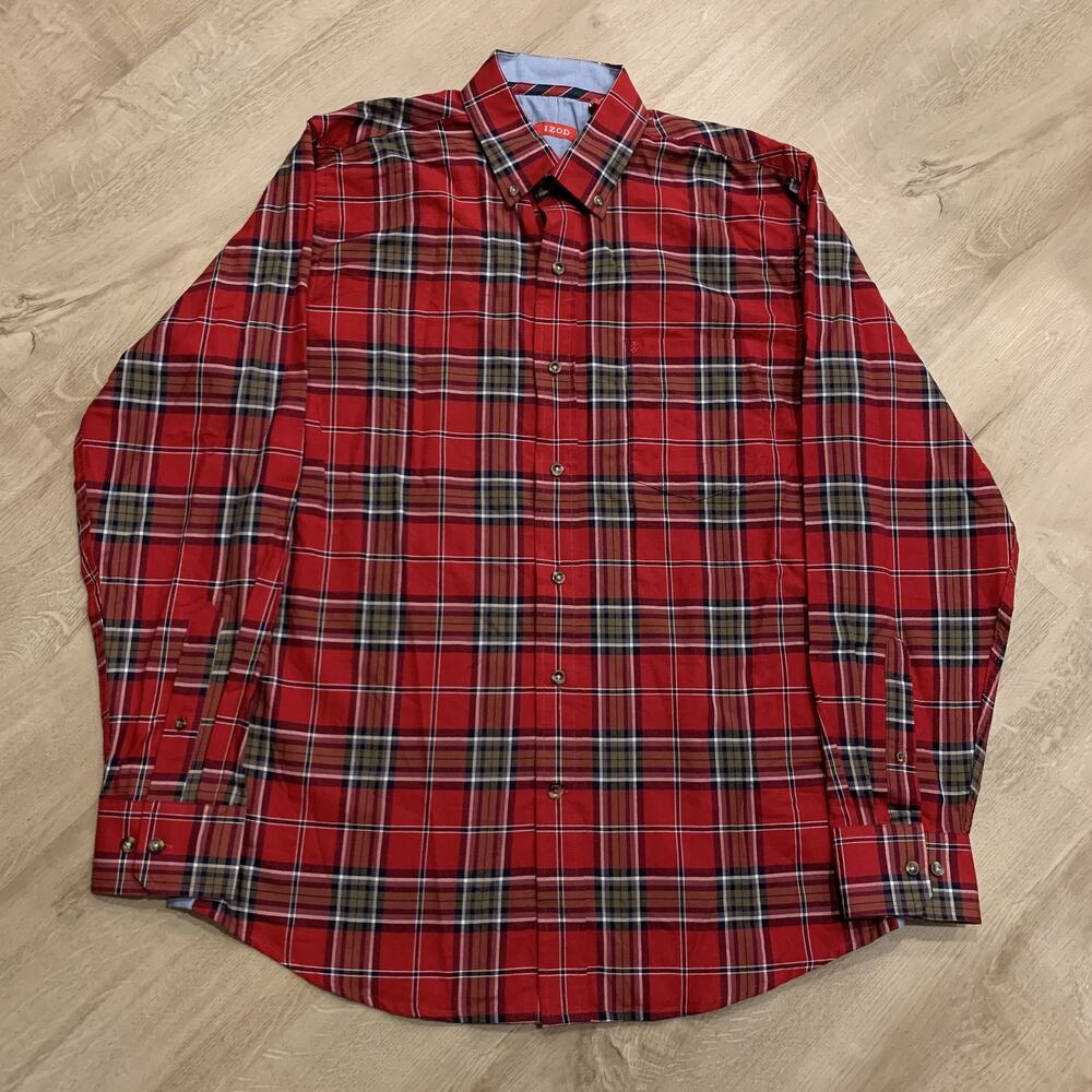 IZOD Button Down Shirt Men's Medium M Red Tan Plaid Long Sleeve Cotton Blend